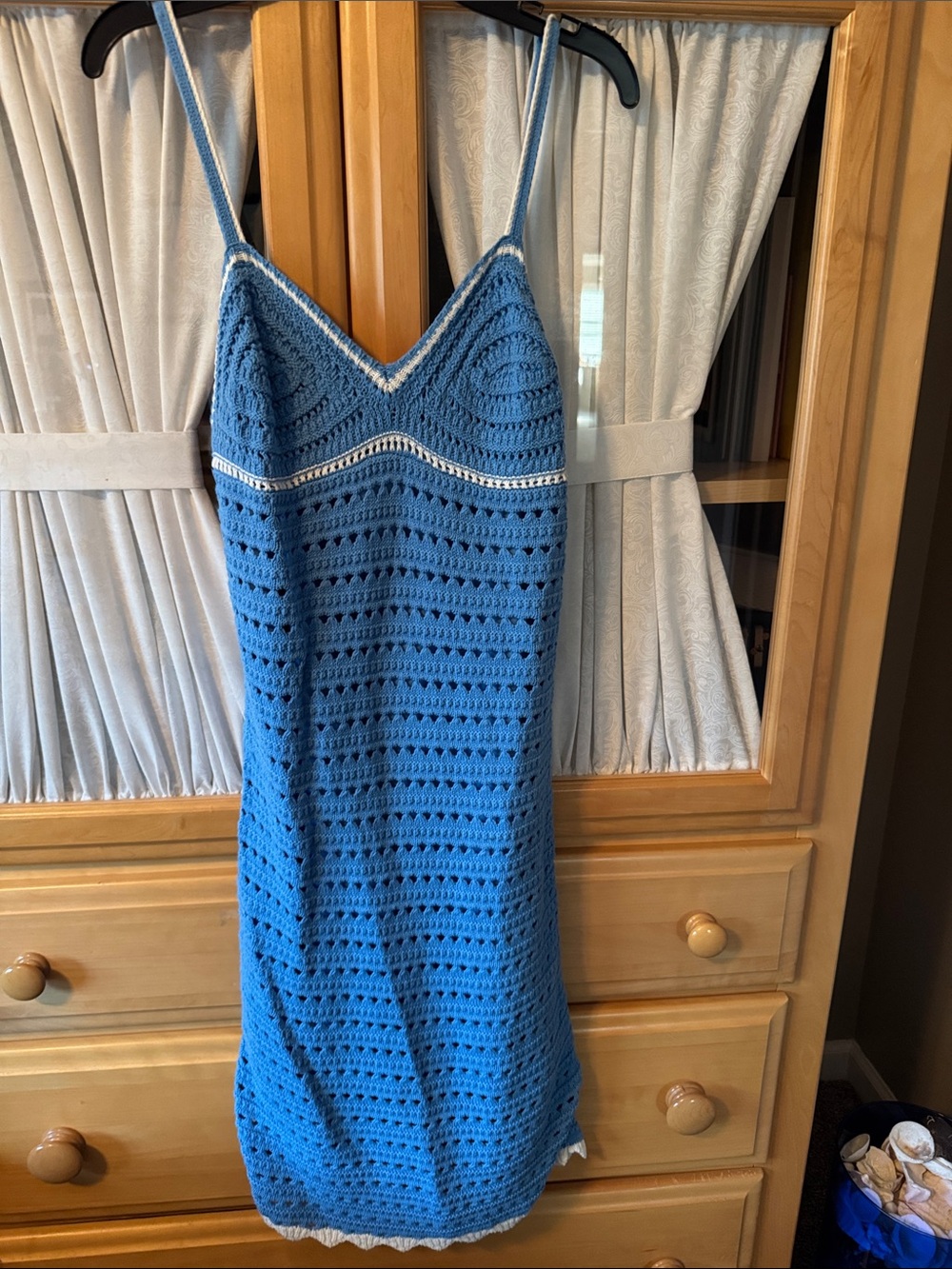 Blue Crochet Midi Dress with White Trim